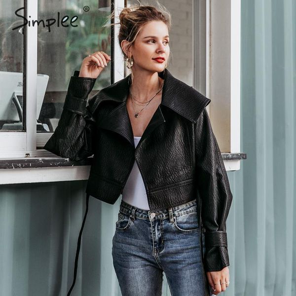 

faux pu leather women v-neck bow tie black motorcycle ladies outwear coat bandage high street female jacket 210414