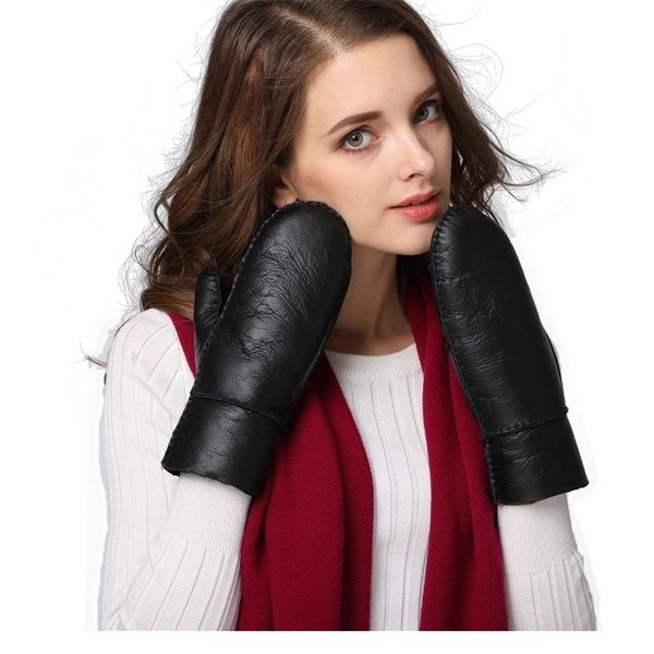 

fur integrated leather women's gloves for outdoor cycling in autumn and winter, warm windproof, stuffy hs, Black