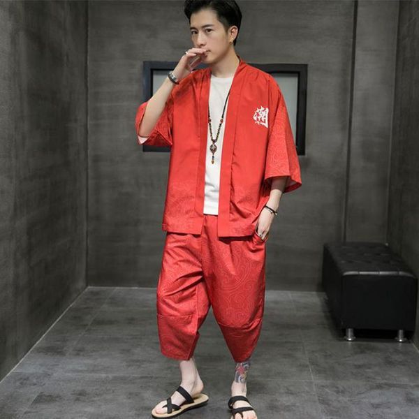 

5xl men traditional clothes kimonos print japanese kimono shirt sets for yukata robe and pant set two pieces xxxxxl ethnic clothing, Red