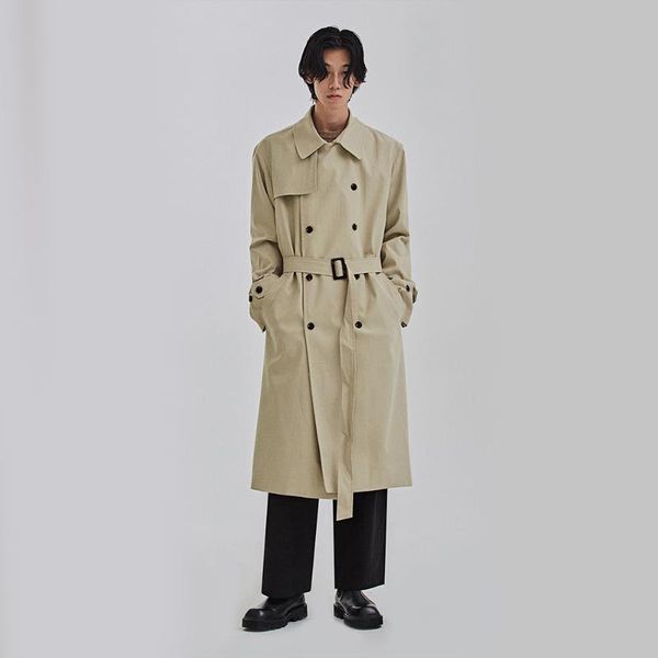 

men's trench coats spring and autumn coat korean designer casual loose classic belt double breasted large size, Tan;black