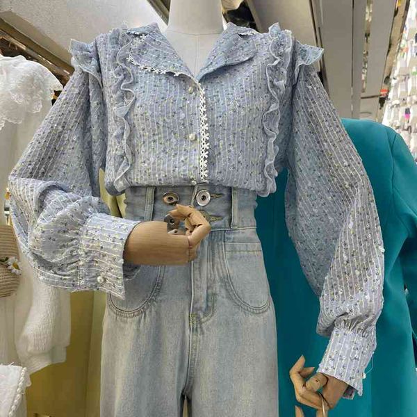 

sweet fungus patchwork print blouses women shirt spring fresh women long sleeve elegant pearl button blusas mujer 210514, White