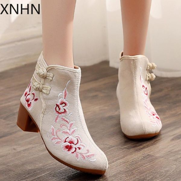 

boots embroidered ankle booties women buckle square heel casual short china style botas mujer footwear female winter shoe, Black