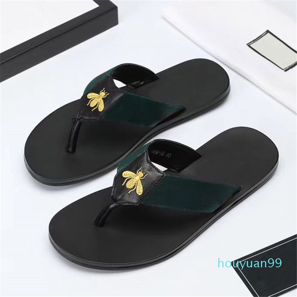 

2021 fashion black soft leather sandals mules bees summers slide slippery flat chain sandals wide t-bar casual beach slip sandals 2021