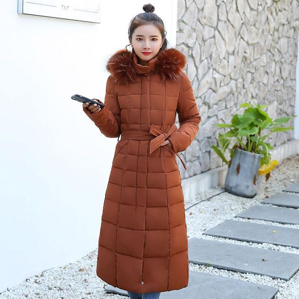 

x-long hooded fur coat belt winter jacket women solid slim waistcoat ladies plus size female parkas thick warm long women's down &, Black