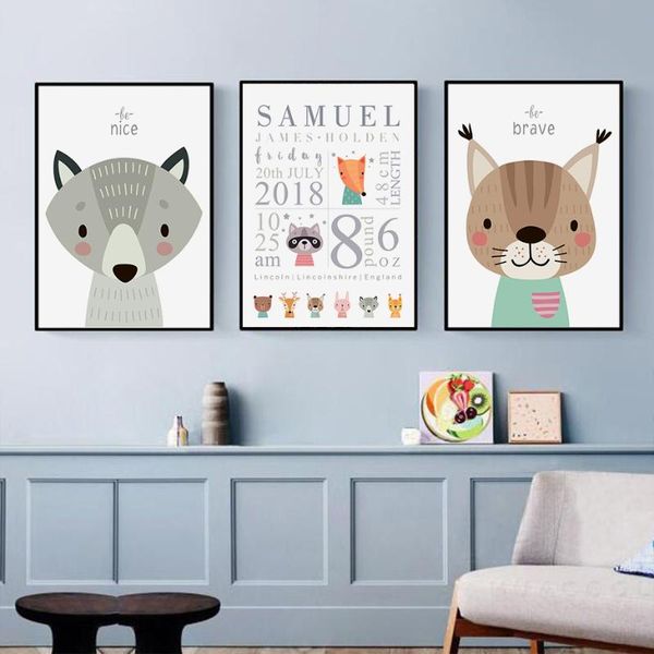 

paintings cartoon woodland animals personalised birth details nursery decor wall art canvas painting prints pictures baby room