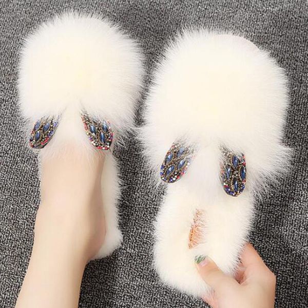 

slippers female autumn winter 2021 ears mao slippers, fashion water diamond indoor flat and down baotou s736, Black