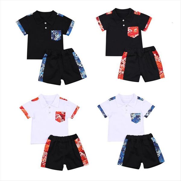 

4 colors infant kids boys clothes sets print patchwork short sleeve t shirts shorts 0 5y, White