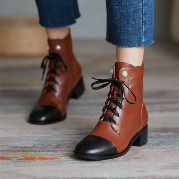 

winter boots women genuine leather ankle boots color matching round toe lace-up casual all-match pearl boots 210507, Black