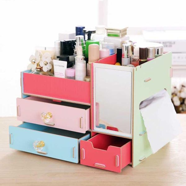 

storage drawers wooden divider cosmetics organizer multi-layer jewelry make-up box desksundries organization with mirror