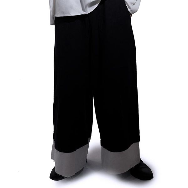 

men's pants casual men linen wide leg trousers black white splicing loose fashion long pant