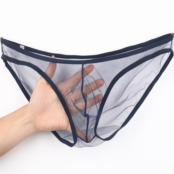 

underpants 2pcs transparent men briefs gay mesh see through u convex low waist male club party strip underwear, Black;white