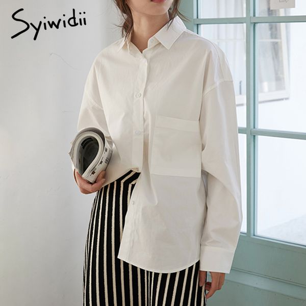 

syiwidii women blouses with pocket oversized women shirts blouses batwing sleeve korean spring fall fashion ol white 210417