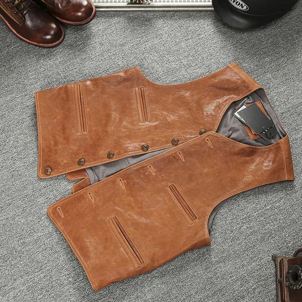 

men's vests 2021 light brown japan casual style genuine leather vest men plus size 3xl real natural sheepskin summer slim fit short coa, Black;white