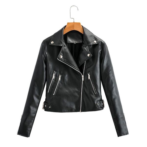 

women's leather & faux brand women spring autumn black jackets zipper basic coat turn-down collar motor biker jacket with belt