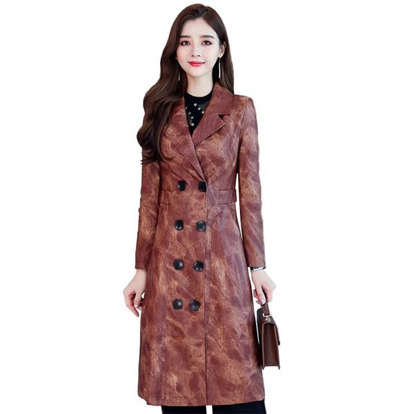 

women's leather & faux fashion trench coat women camouflage print washed pu outerwear long windbreaker double-breasted slim a3012, Black