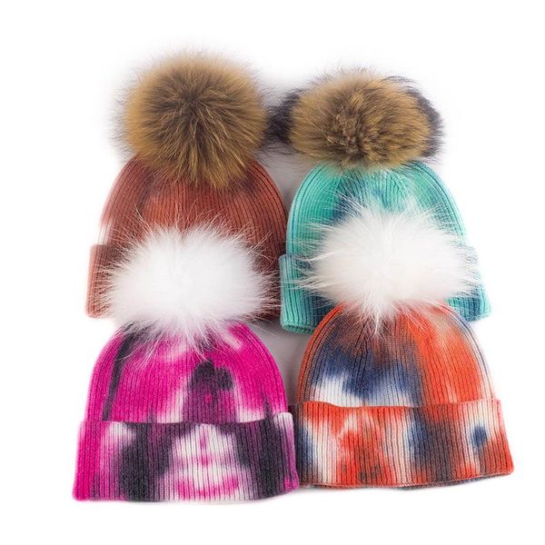 

beanie/skull caps fashion women knitted tie dye color beanie hat with real fur pompoms female soft warmer beanies&skullies cap lady casu, Blue;gray