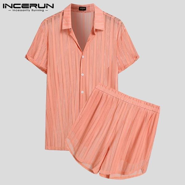 

men's tracksuits incerun men striped sets see through streetwear lapel short sleeve shirt & shorts 2 pieces 2021 breathable casual suit, Gray