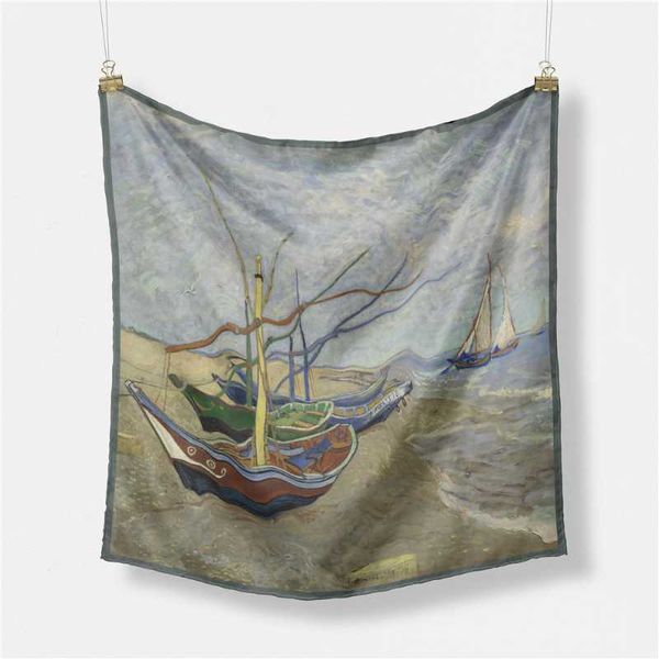 

scarves pobing twill silk scarf woman boat painting square wraps bandana small hijab foulards tie headband neckerchief 53cm, Blue;gray