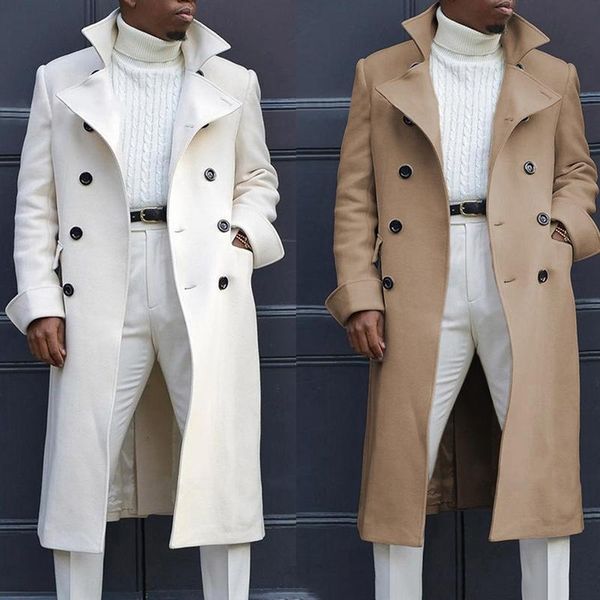 

men's wool & blends 2021 winter trench coat men jacket high-quality long man casual slim collar, Black