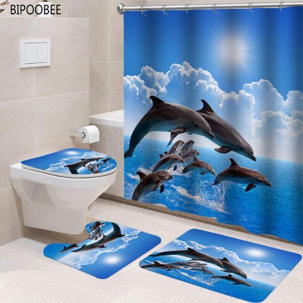

print bathroom sets ocean dolphin deep sea animals shower curtain with 12 hooks pedestal rug lid toilet cover bath mat set curtains