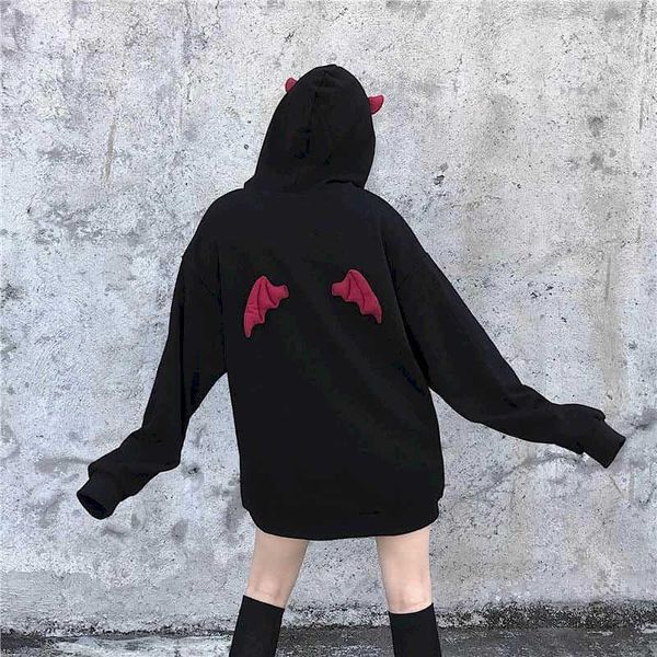 Kapuzenpullover Damen Herbst und Winter Koreanische Version Dark Little Devil Wings Buchstabenstickerei Top Lose Plus Samt Sweatshirt 210526