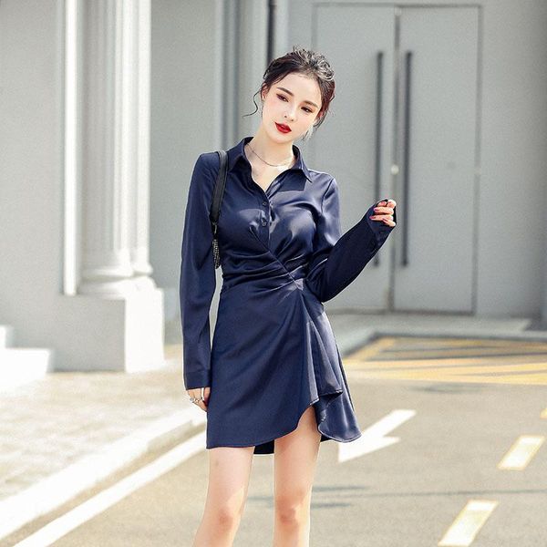 

casual dresses starry sky blue luster short dress 2021 autumn women elegant slim waist sheath long sleeve shirt female, Black;gray