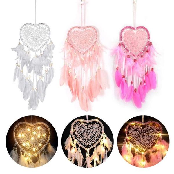 

decorative objects & figurines girl heart dream catcher heart-shaped feather ornaments wrapped with lights boho style handmade wall hanging