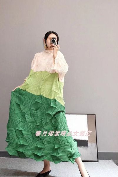 

dress miyake fashion fold diamond pleats three quarter patchwork stand collar loose bud, Black;gray