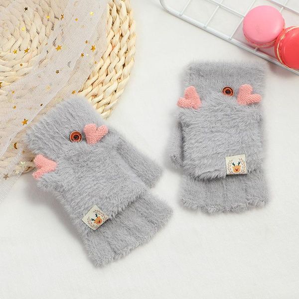 

five fingers gloves hand women fashion autumn knitted fluff outdoor flip cover plush mittens girls cute deer winter fingerless glove, Blue;gray
