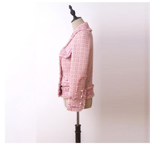 

women's jackets tassel vintage womens tweed fabric v-neck short jacket office pink jaqueta feminina, Black;brown