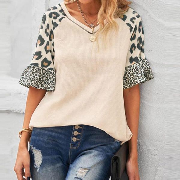 

women's blouses & shirts vintage blouse leopard print patchwork v-neck ruffle sleeve casual summer ladies pullover blusas camisas de, White