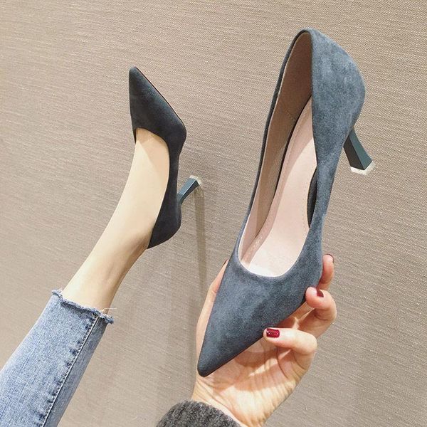 

dress shoes black suede high-heeled with pointed toe and medium-heeled elegant versatile professional working women's