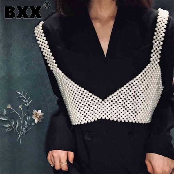 

[bxx] handmade pearls vest women luxury brand designer for beading vests sleeveless hollow out shirts hi451 210909, Black;white