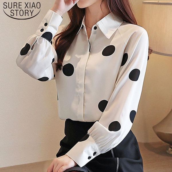 

women's blouses & shirts 2021 ladies chiffon blouse lantern sleeve button womens and female for blusas black dot 5366 50, White