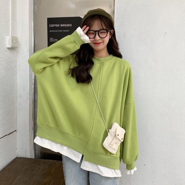 

women's hoodies & sweatshirts spring fall women clothing loose casual harajuku style patchwork fake two pieces pullovers long sleeve fa, Black