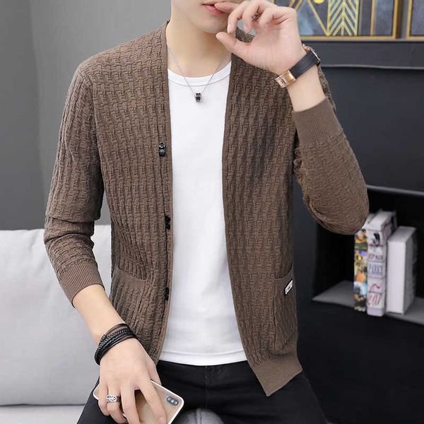 2020 Outono New Men Knitwear Cardigan Cor Sólida Camisola Juventude Manga Longa Slim Fit Type para Primavera e Jaqueta de Outono M-3XL Y0907