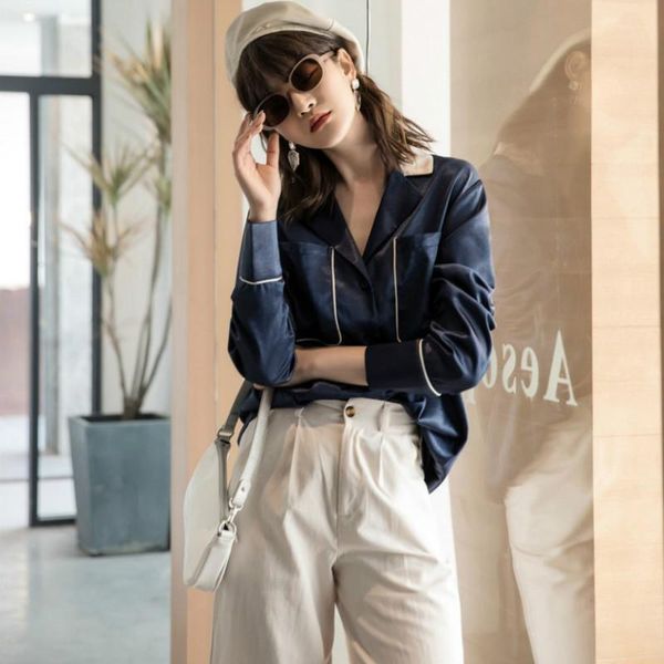 

women's blouses & shirts women blue basic button solid 2021 long sleeve pocket contrast color shirt female slim clothing fashion stree, White