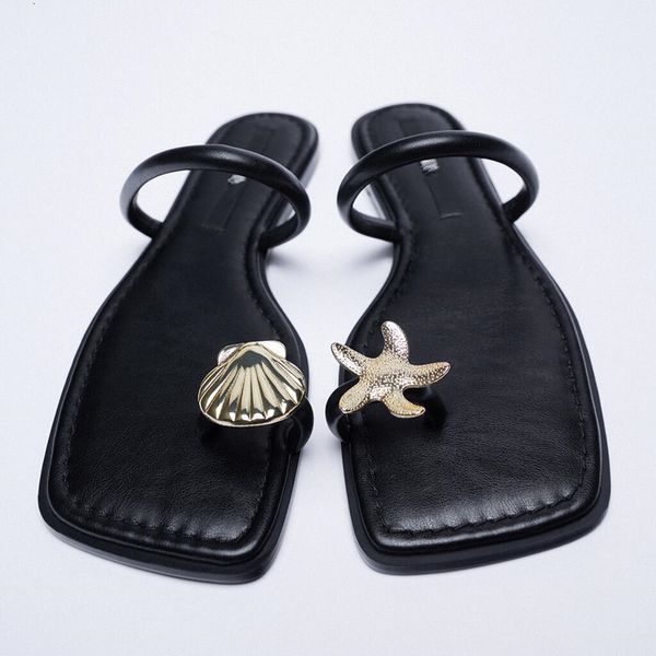 

slippers za summer new black metal buckle sandals with flat sole slip urwz