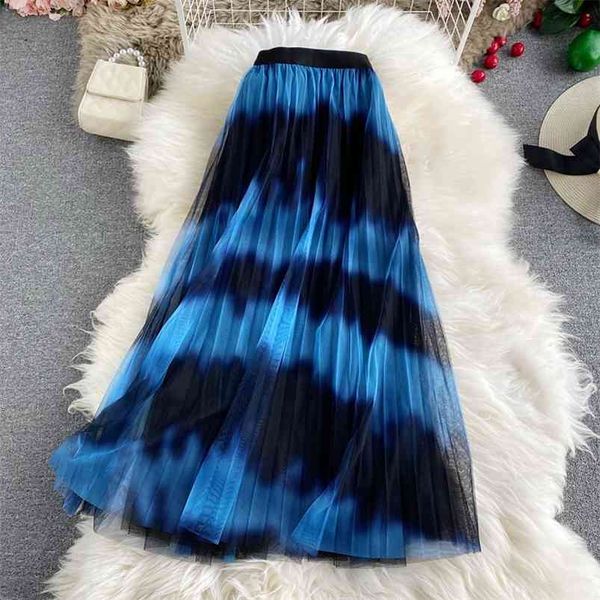 

smudge high-waist skirt mid-length striped wild french temperament double-layer mesh pleated fairy gx1105 210507, Black