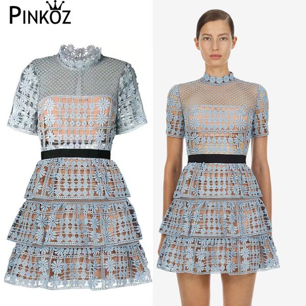 

fashion solid lace flower enbroidery mini dress women casual hollow cut out short 210421, White