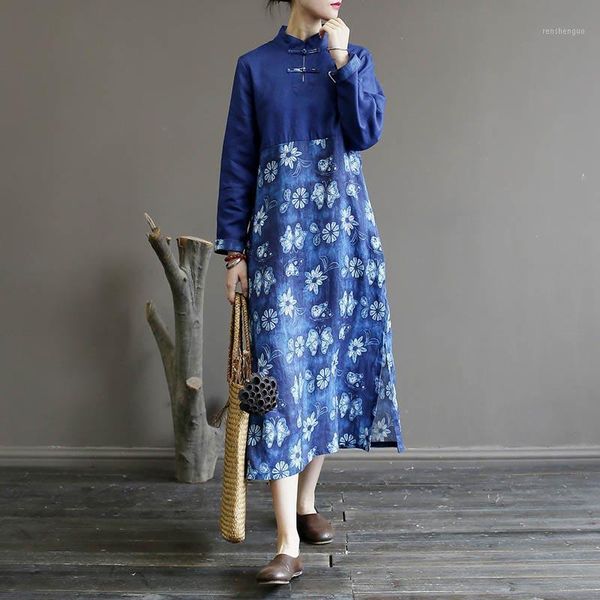 

casual dresses nefeilike cotton linen dress loose women autumn robes stand long sleeve print floral clothing button vintage, Black;gray