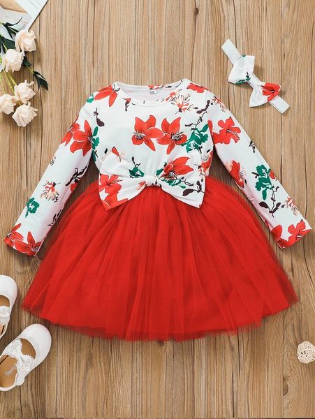 

toddler girls floral print bow front dress & headband she, Red;yellow