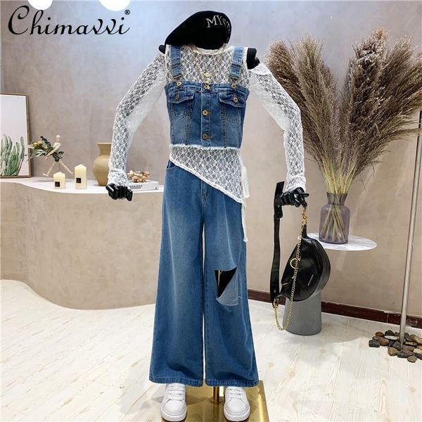 

three pieces pants set retro ripped long jeans suit white sleeve t shirt for girl blue fashion denim camisole women women's two piece