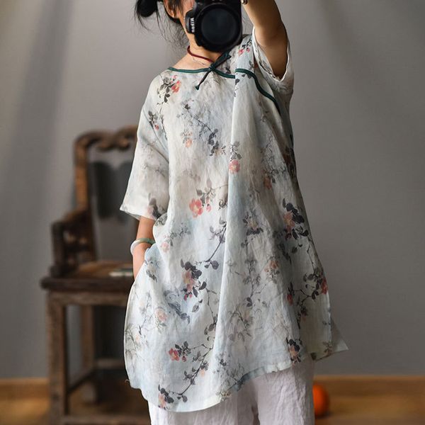 

johnature summer dresses for women ramie print floral robes o-neck half sleeve button female vintage dress 210521, Black;gray