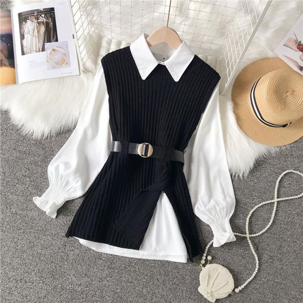 

women's sweaters autumn 2021 solid color round neck split fork sweater japanese style fashion lapel long sleeve white shirt two-piece s, White;black