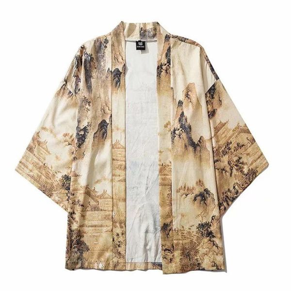 

men's casual shirts shirt summer japanese seven-point sleeve kimono ink painting print loose robe men and women the same #yl5, White;black