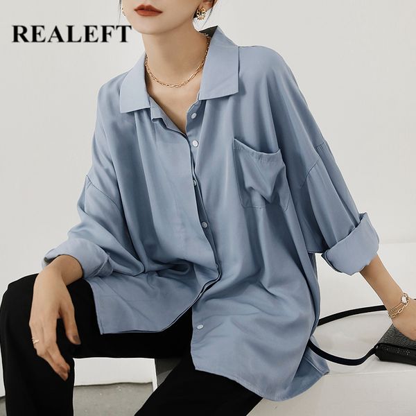 

autumn one pocket white women's blouse solid lapel single-breasted elegant casual oversize shirts female 210428