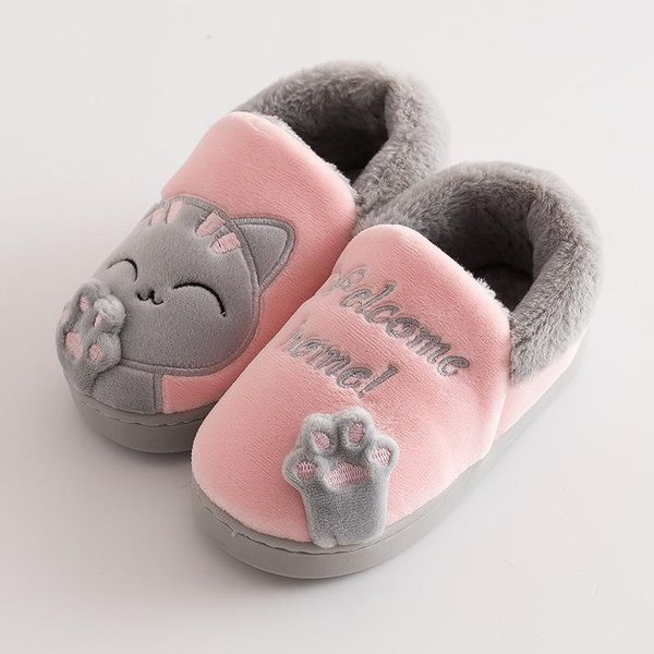 

slipper winter slippers cartoon cat thermal baby boys and girls indoor anti slip soft home children' shoes kids furry slides, Black;grey