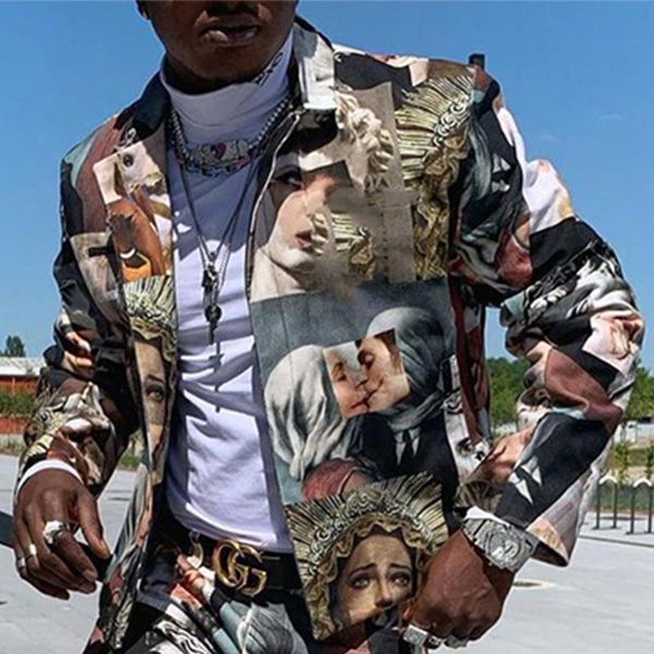 

men's suits & blazers european and american cross-border plus size -selling loose printing long-sleeved blouse jacket suit casual, White;black