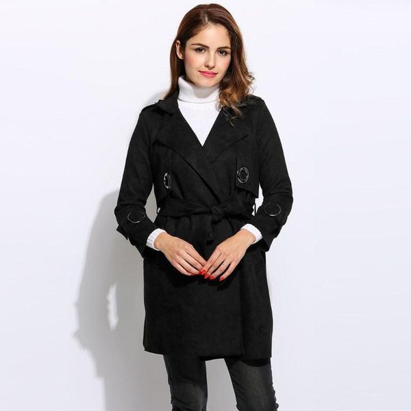 

women's trench coats fashion women turn-down collar long sleeve solid mid-long suede windbreaker coat waist belt casual false two piece, Tan;black